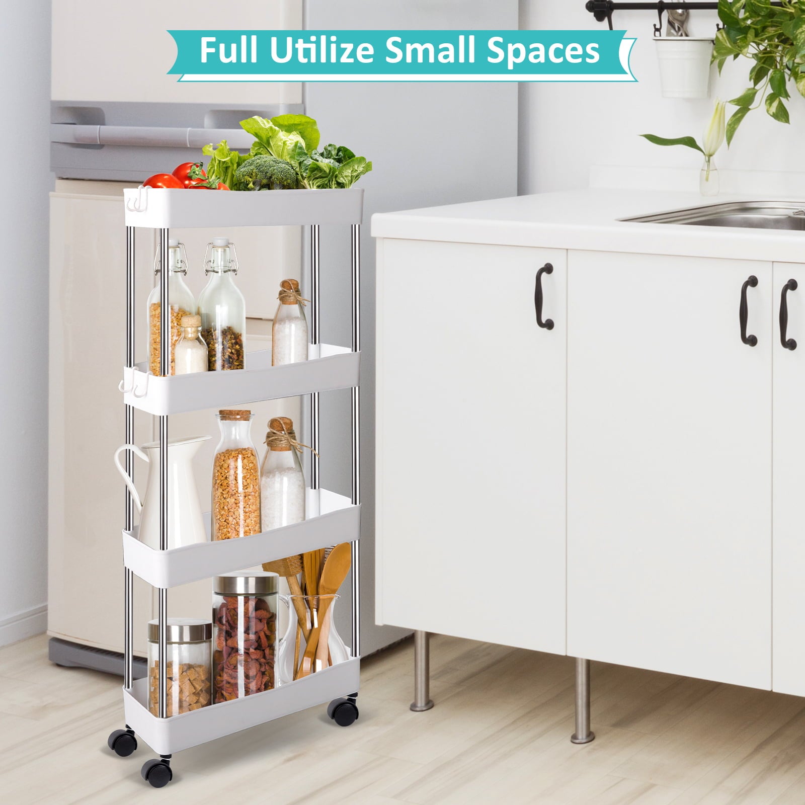 LAYADO 4-Tier Slim Rolling Cart, Bathroom Organizer Kitchen Storage Utility Cart with Wheels, Mobile Rolling Storage Cart for Bathroom Kitchen Laundry Narrow Storage Shelves, White