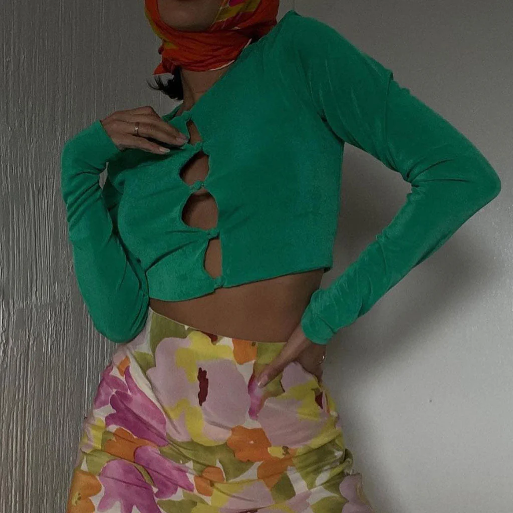 Button Up Crop Top | Long Sleeve Cut Out KnitClistos