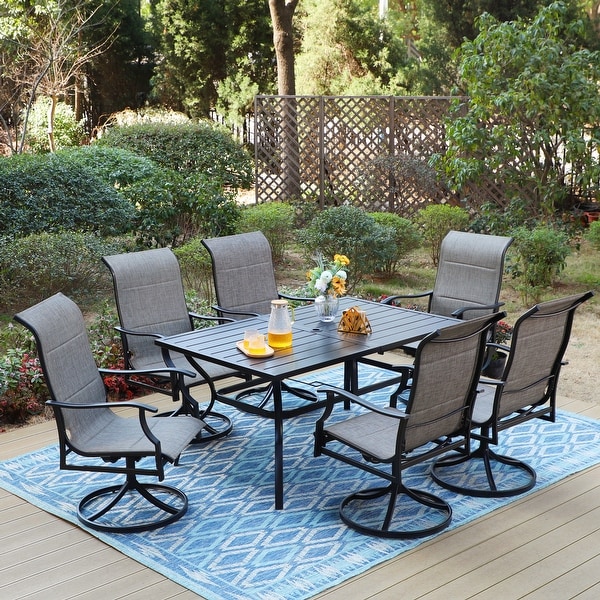 MAISON ARTS 7/8 Pieces Patio Dining Set,Rectangular Black Metal Table with 6 Padded Textilene Fabric Swivel Chairs