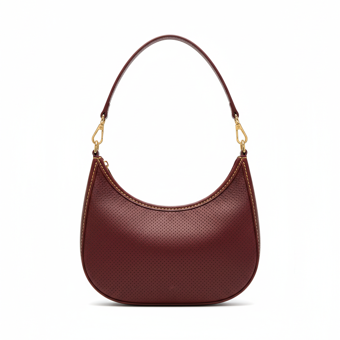 Burgundy Textured Leather Crescent Hobo Bag