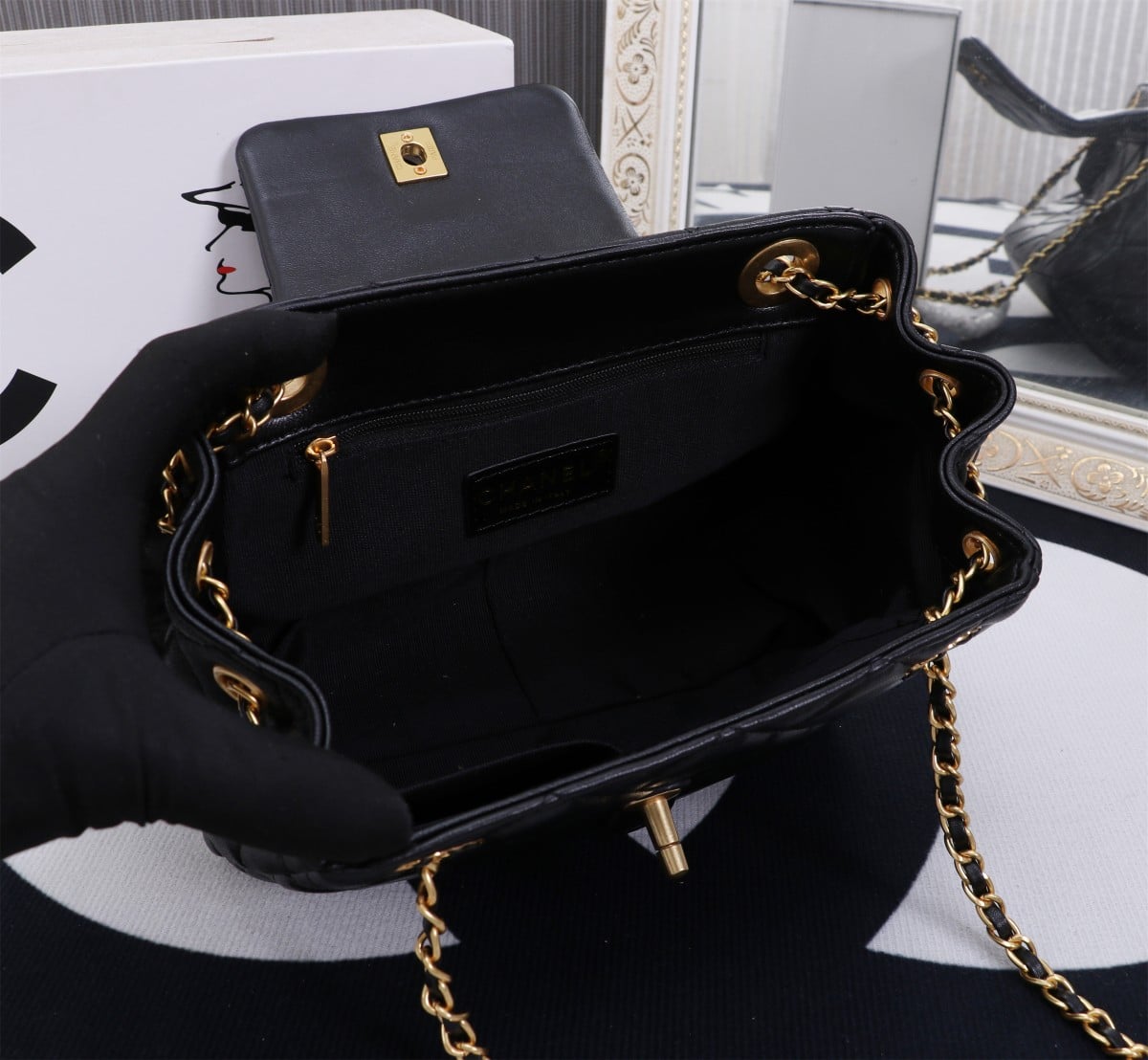 Chanel Mix Accordion Cc Flap Bag Quilted Glazed Calfskin Black 23Cm