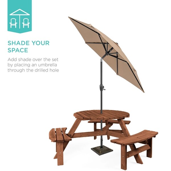 6Person Circular Wooden Picnic Table w/ Umbrella Hole,3 Benches