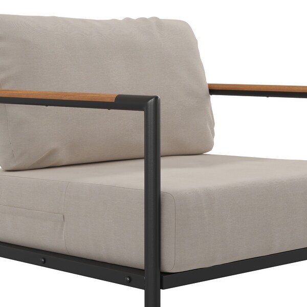 Aluminum Frame Patio Chair with Teak Arm Accents and Plush Cushions