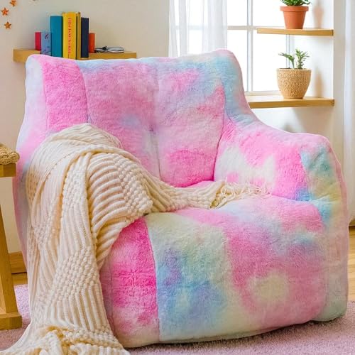Bean Bag Chairs, Faux Fur BeanBag Chair with Memory Foam for Bedroom, Living Room, Reading, Adults - Grey - Star - Glow in The Dark
