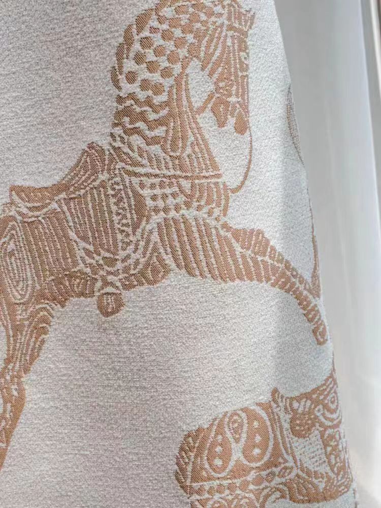 FA003 - Royal Horse Jacquard Embroidery Plant Velvet Weaving Wheat Cream Translucent Floor-to-Ceiling Curtains