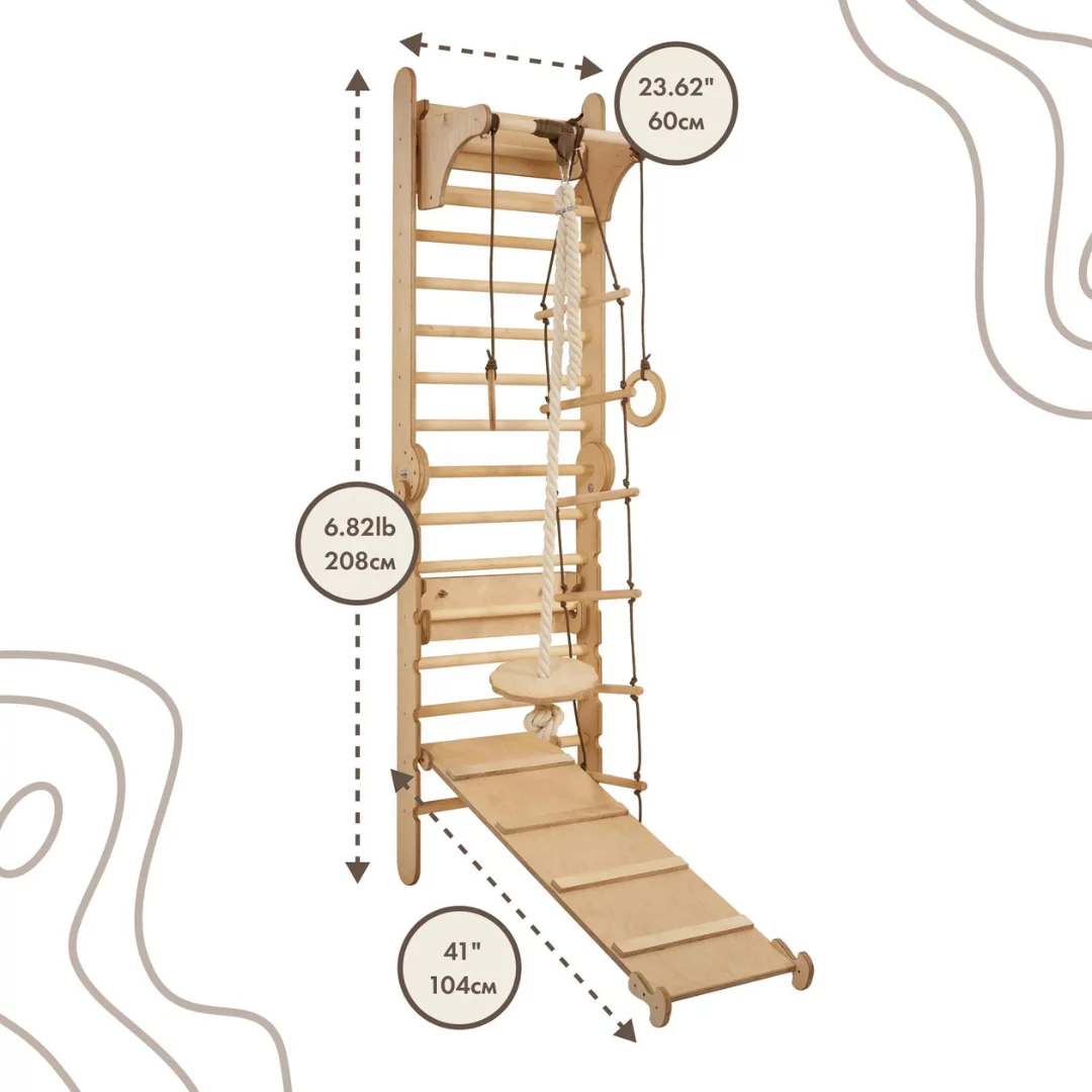 3in1 Swedish Ladder Wall Set: Climbing ladder for Children + Swing Set + Slide Board - Indore Montessori Wooden Play Gym for Toddlers