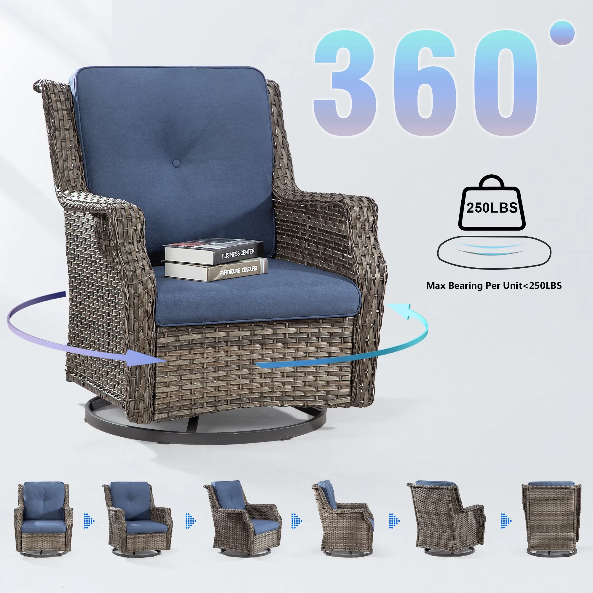 Meetleisure 1 Pieces Outdoor Patio Furniture Wicker Swivel Chair with Cushions for Backyard