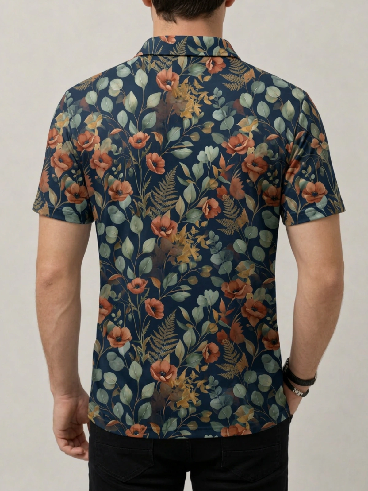 Navy Blue Poppy Floral Print Short Sleeve Golf Polo Shirt