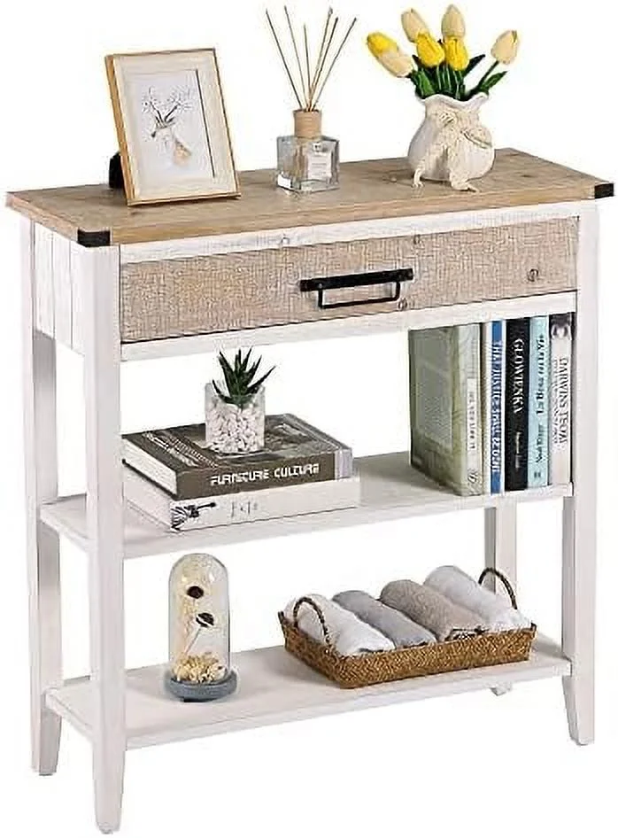 TJUNBOLIFE Farmhouse Console Table with 4 Drawer  60" Long Rustic Entryway Table with Open  Shelves and Handmade Metal Handle  Narrow Foyer Sofa Table for Living Room  Entryway  Hallw