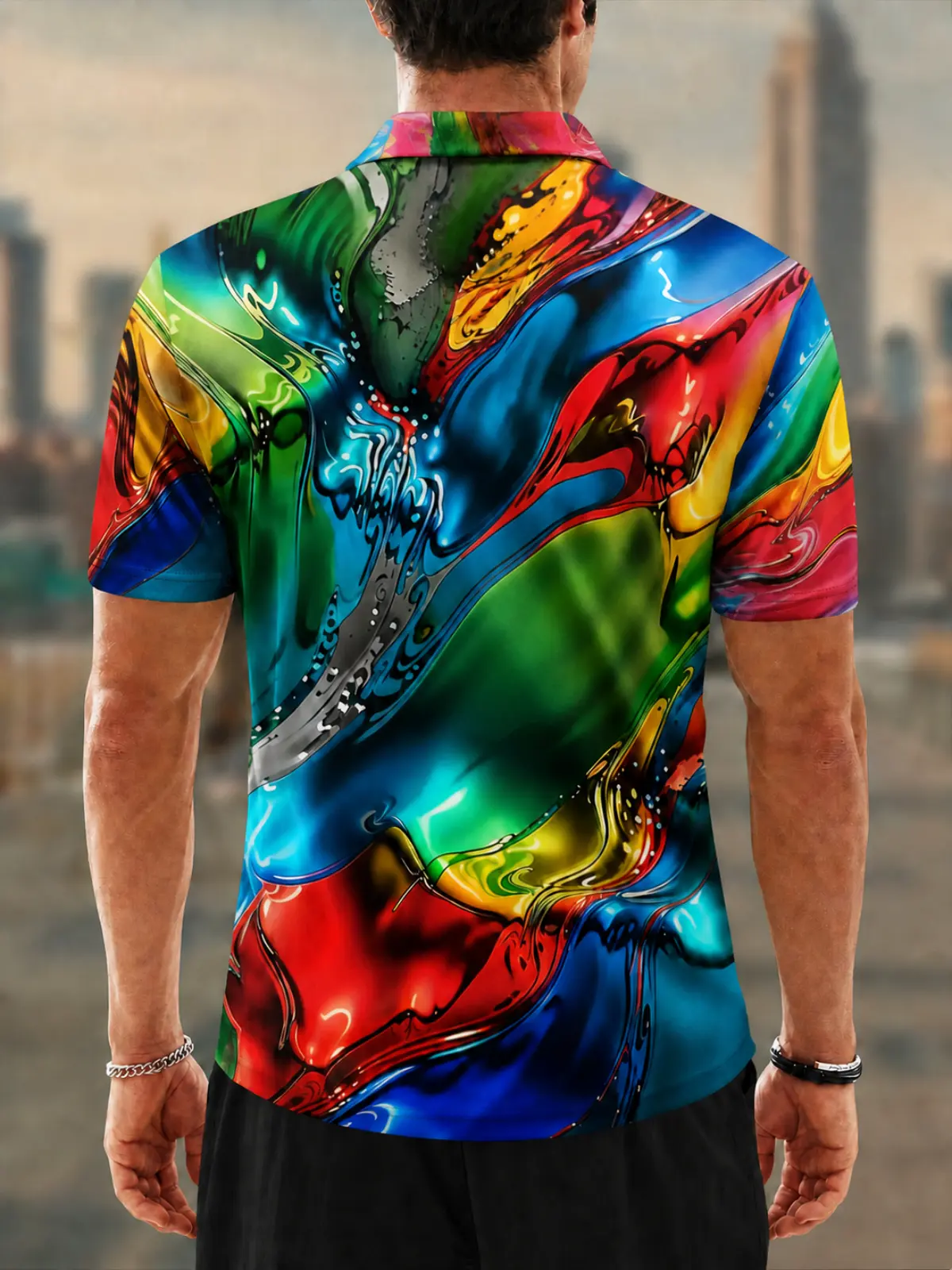 Moisture Wicking Golf Polo 3D Colorful Liquid Marble Button Short Sleeve Golf Polo Shirt