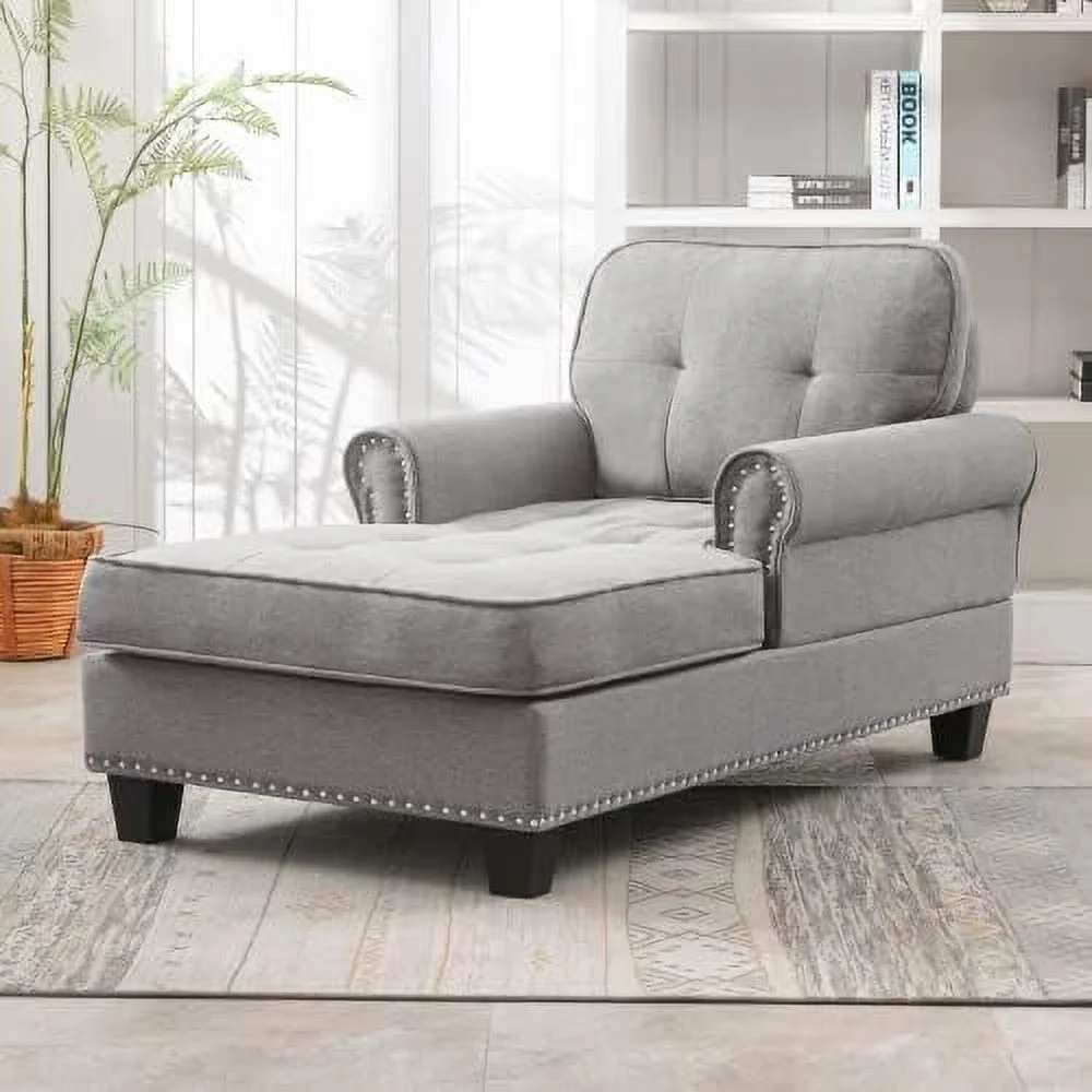 NLIBOOMLife Chaise Lounge Sofa Couch Linen Chaise Sofa Bed Bench with Tufted Back  Mid-Century Sleeper Sofa Chair Bed for Small Place/Apartment/Living Room/Office/Studio (Dark Gray)