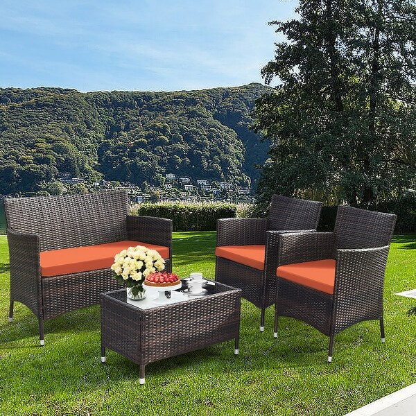 Gymax 4PCS Patio Rattan Conversation Furniture Set Outdoor w/ Orange