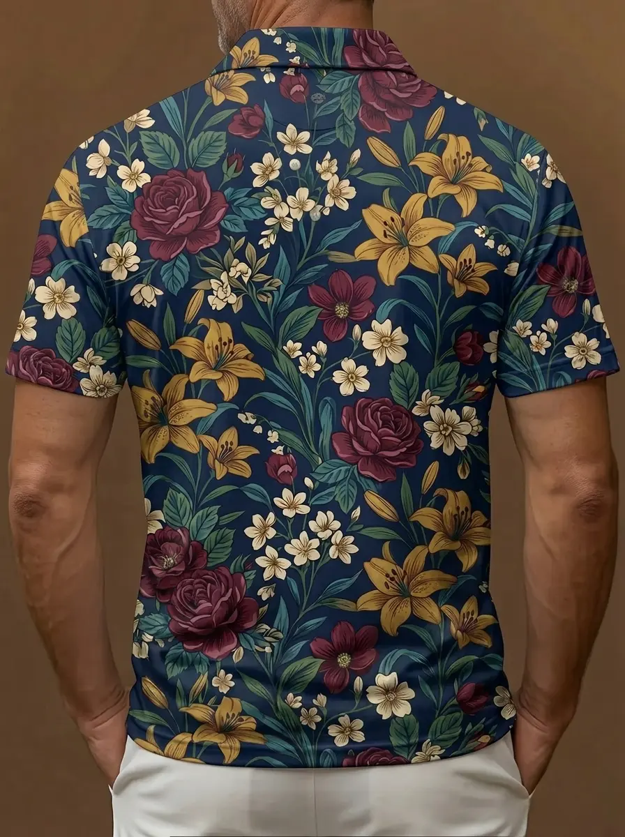 Navy Blue Vintage Floral Rose and Lily Print Short Sleeve Golf Polo Shirt
