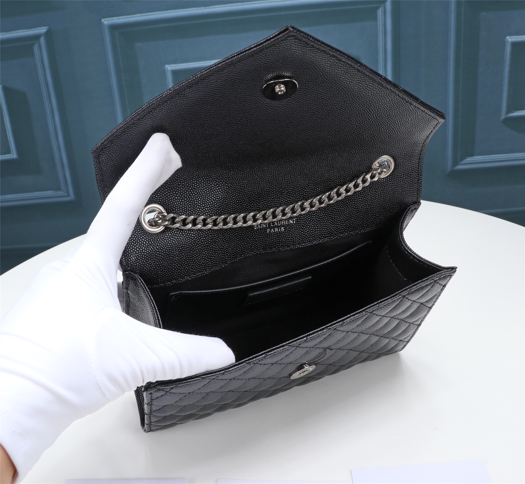 Saint Laurent Envelope Small Bag In Mix Matelasse Grain De Poudre Embossed Black Silver