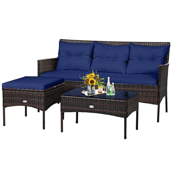 Costway 3PCS Patio Rattan Furniture Set 3Seat Sofa Cushioned Table