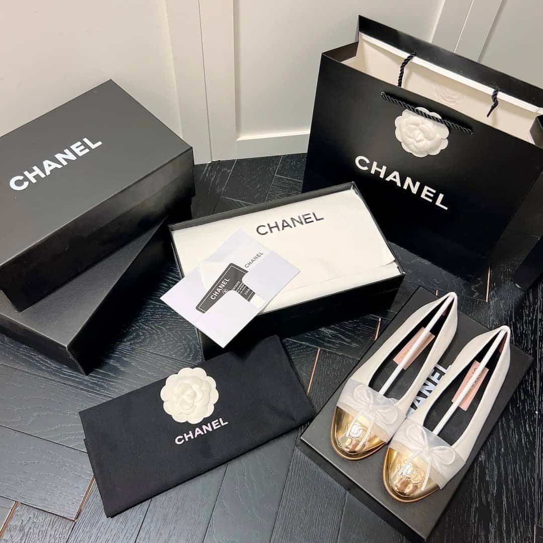 Chanel Leather Cap Toe Ballet Flats White Gold