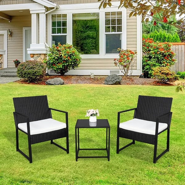 3PCS Outdoor Rattan Furniture Set Single Chair and Coffee Table with Cushions