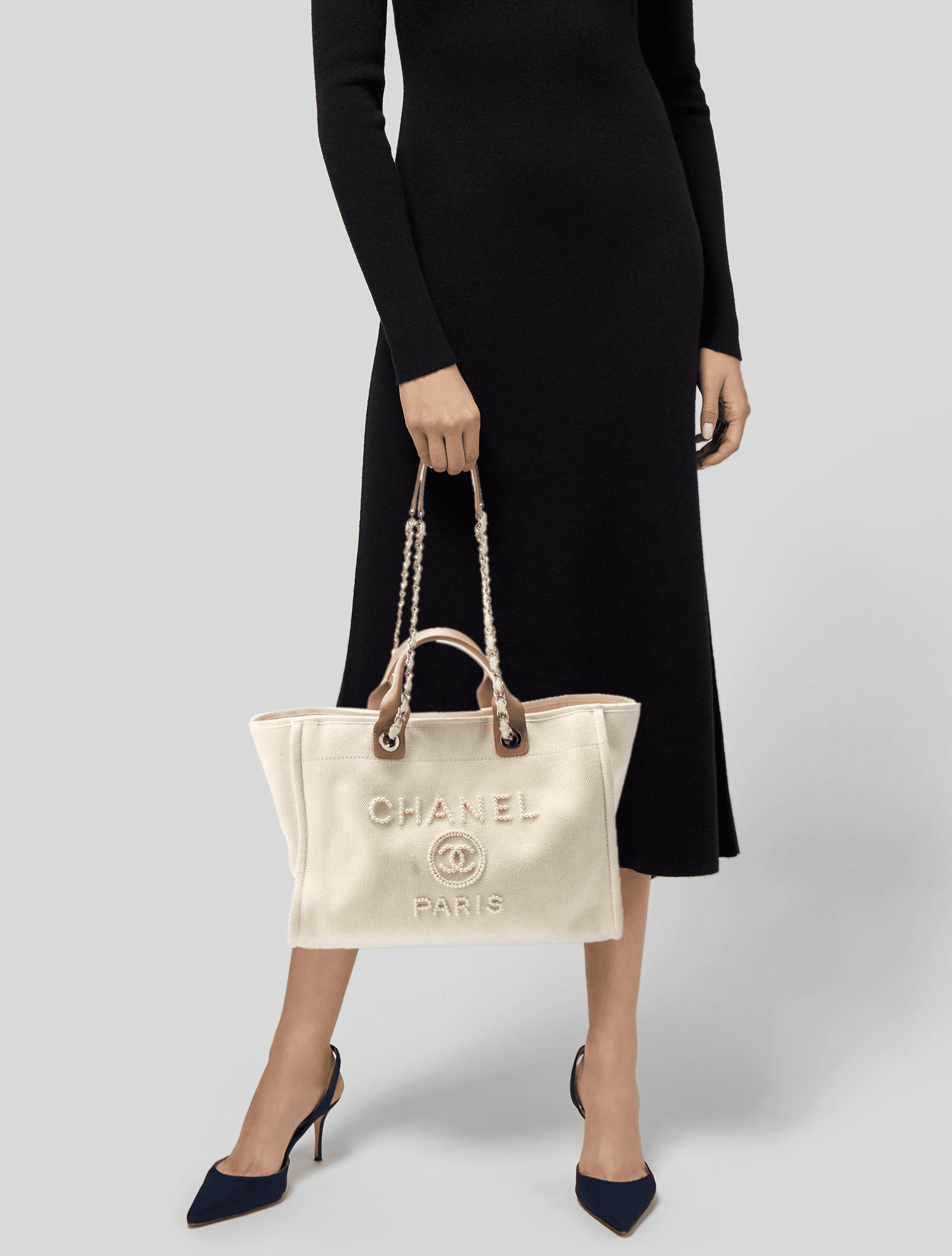 Chanel Deauville Shopping Small Tote 35Cm Mixed Fabric Calfskin White