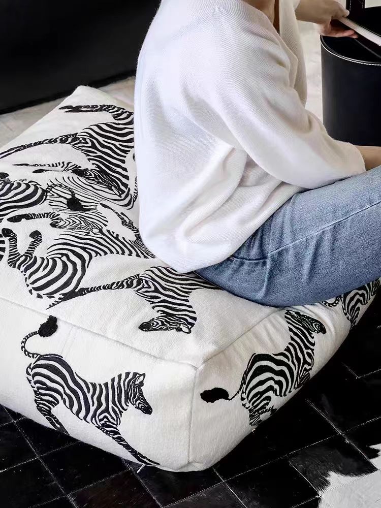 CH043 - Black and White Zebra Embroidered Pearl Pouf for Living Room