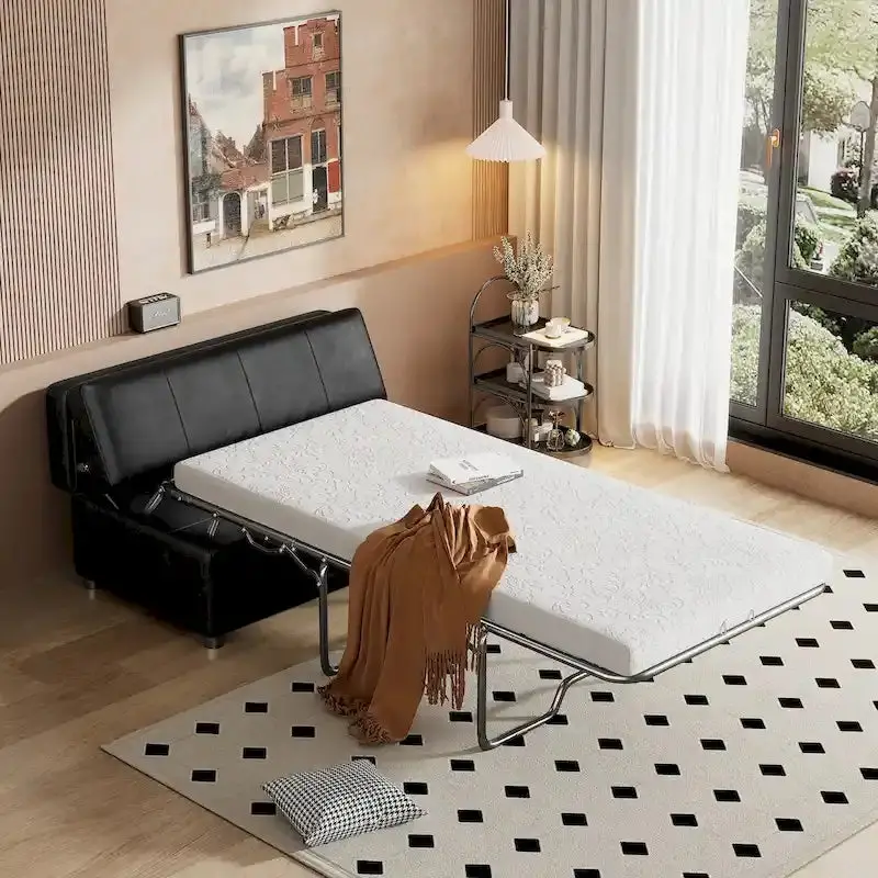Twin Folding Ottoman Sleeper Bed – PU-Upholstered Convertible Guest Sofa with Mattress