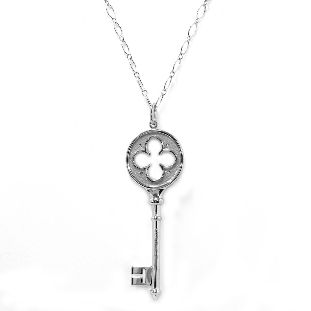 Tiffany & Co. Key Clover Necklace 18K White Gold Diamond