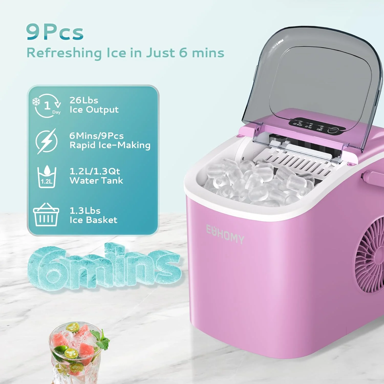 12'' Pink Ultra Quieter Bullet Ice Portable Ice Maker with Handle