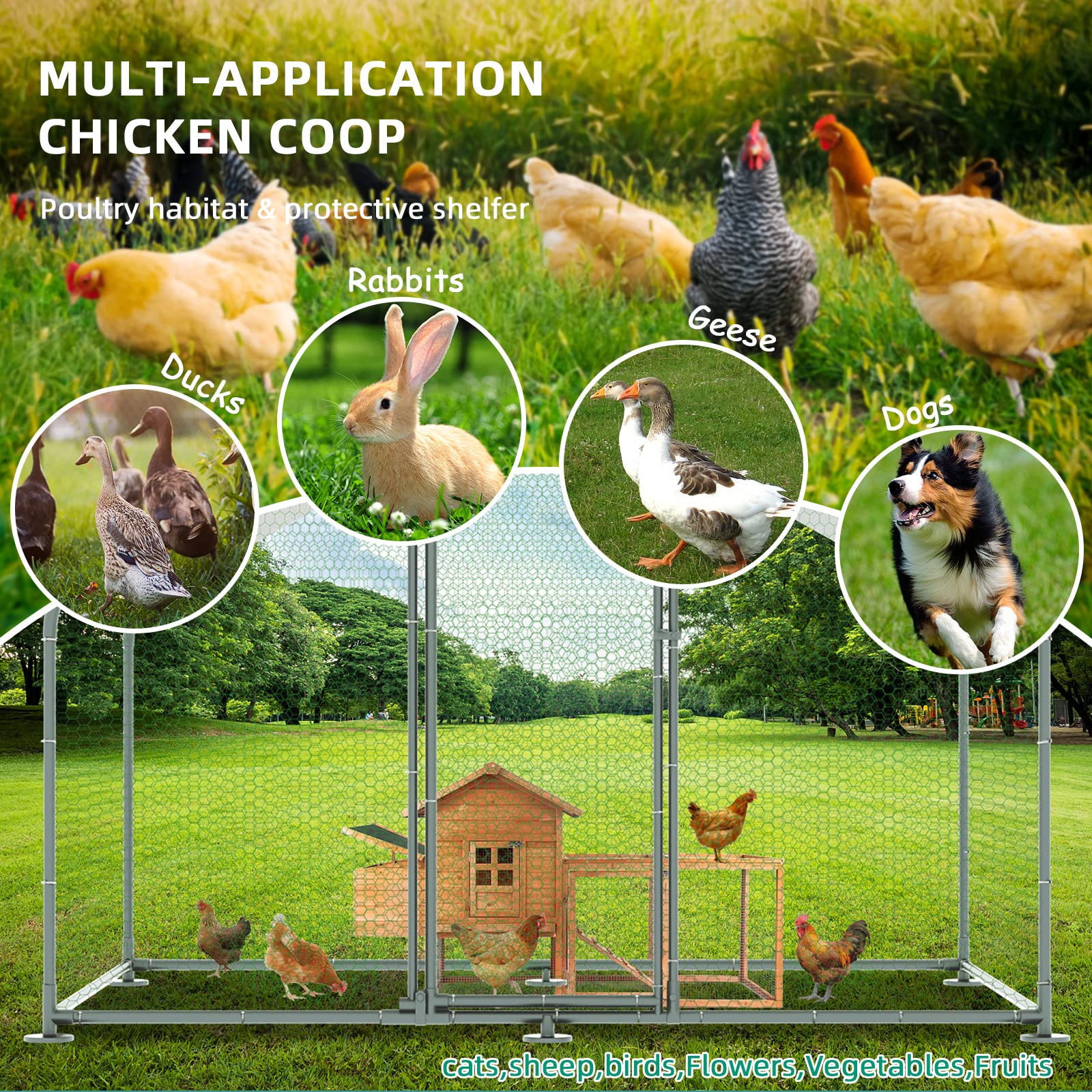 VIVIJASON Large Metal Chicken Coop Outdoor Walk-in Poultry Cage Hen Run House Rabbits Habitat Cages Spire Shaped Coop with Waterproof and Anti-UV Cover for Yard Farm (6.36' L x 9.64' W x 6.36' H)