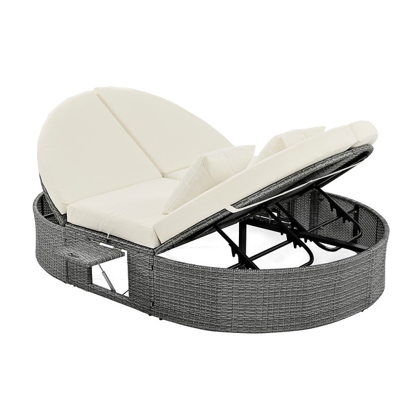 2Person Rattan Garden Reclining Chaise Lounge Daybed with Cup Trays