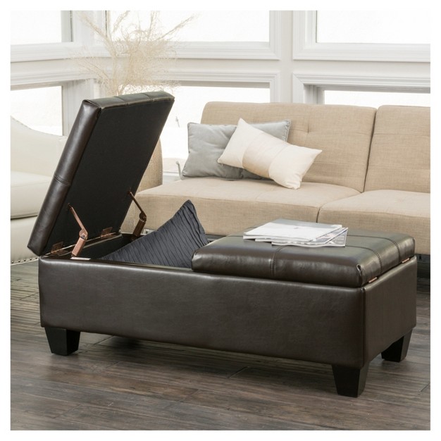 Merrill Double Opening Leather Storage Ottoman Chocolate Brown Christopher Knight Home