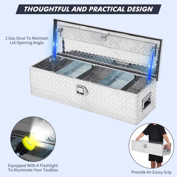 2026 48 Inch Diamond Plate Truck Bed Tool Box with Shelf Silver