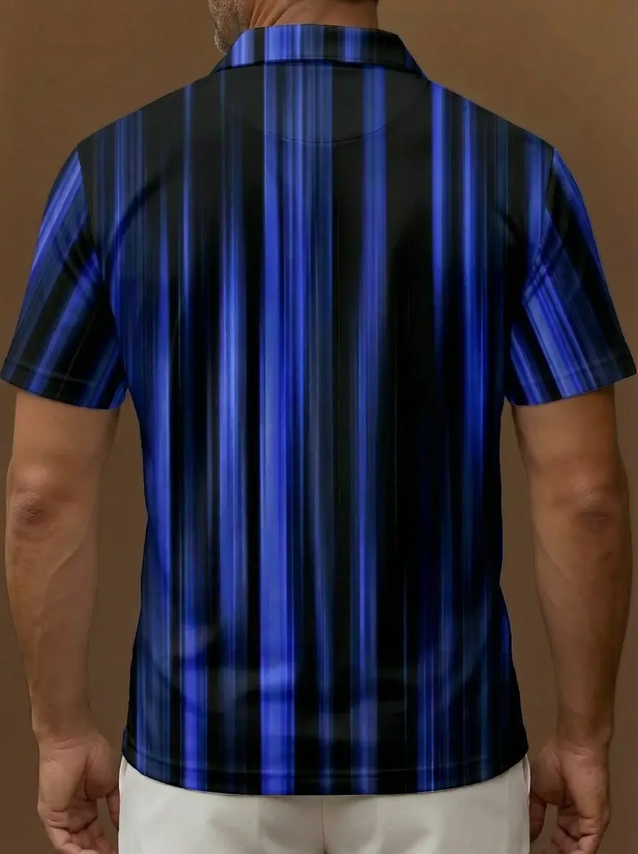 Black Blue Vertical Motion Blur Stripe Pattern Button Short Sleeve Golf Polo Shirt