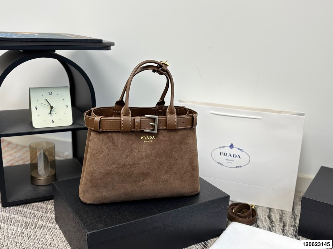 Prada Buckle Suede Handbag - cnluxepick