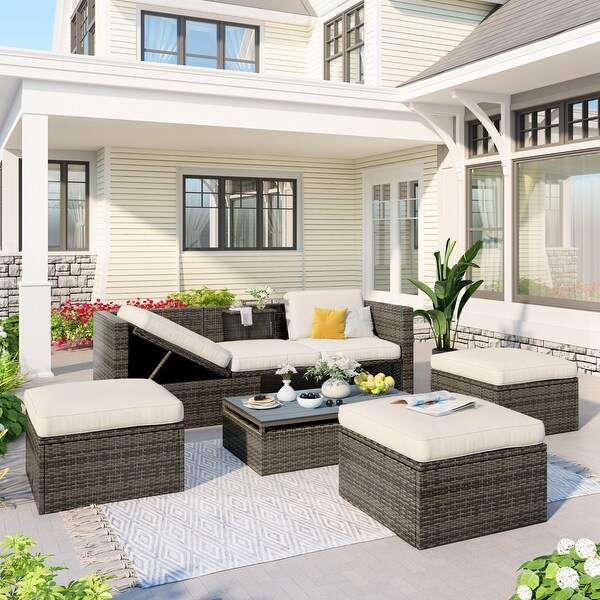5Piece Patio Wicker Sofa with Adustable Backrest,Cushions,Ottomans and Lift Top Coffee Table