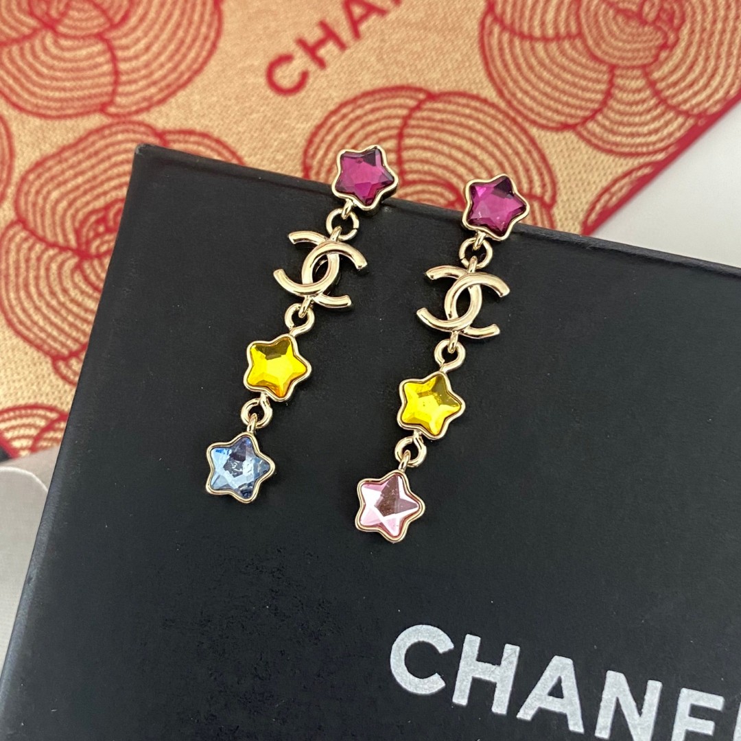 Chanel Colored Diamond Star Double C Tassel Earrings - cnluxepick