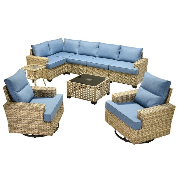 OVIOS 9 Pieces T shaped Seat Wide Armrest Swivel Chair Set With SolarPowered Table
