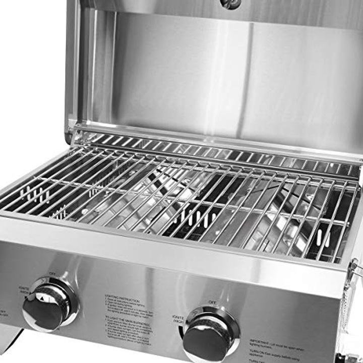 barton-Two-Burner Propane Tabletop Gas Grill Stainless Steel BBQ with Foldable Leg, 20000 BTU, Stainless Steel