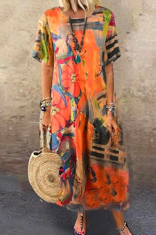 Printed Midi A-Line Dress | Casual Short SleeveClistos