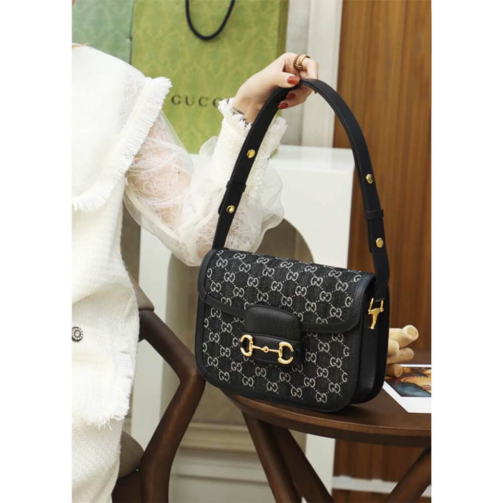Gucci Horsebit 1955 Denim Shoulder Bag Black