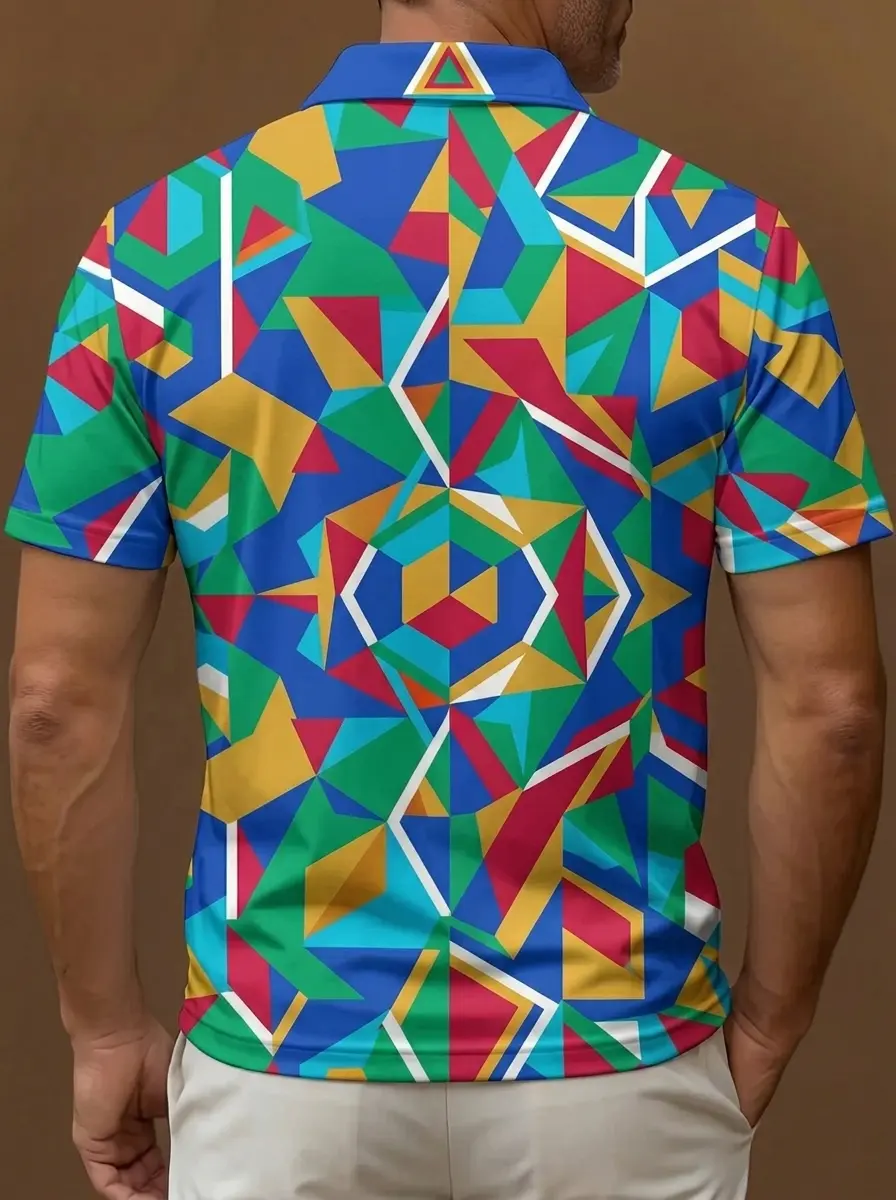 Multicolor Geometric Kaleidoscope Print Short Sleeve Golf Polo Shirt