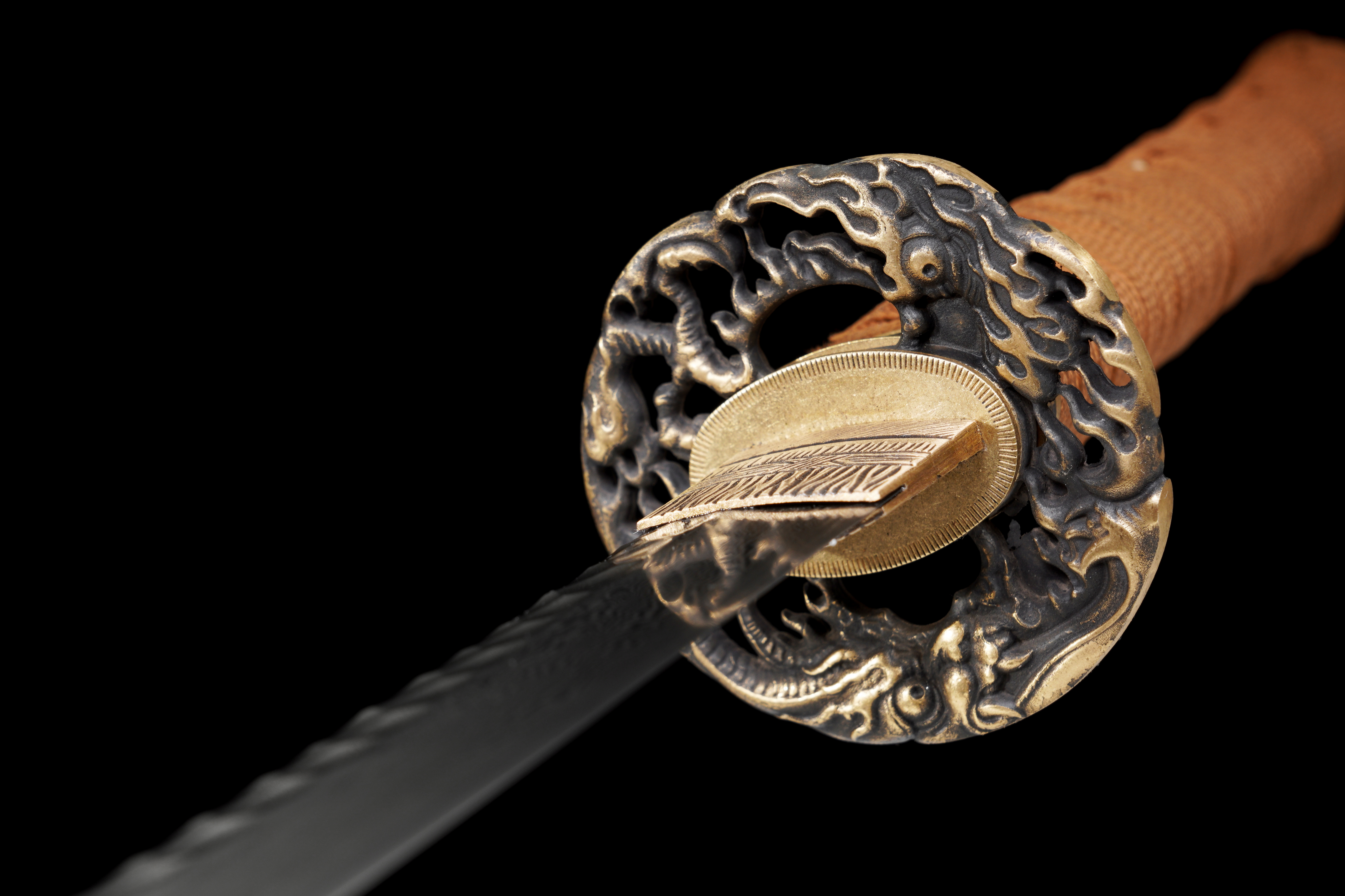 Handmade Katana Damascus Steel Night Rain Golden Dragon Full Tang