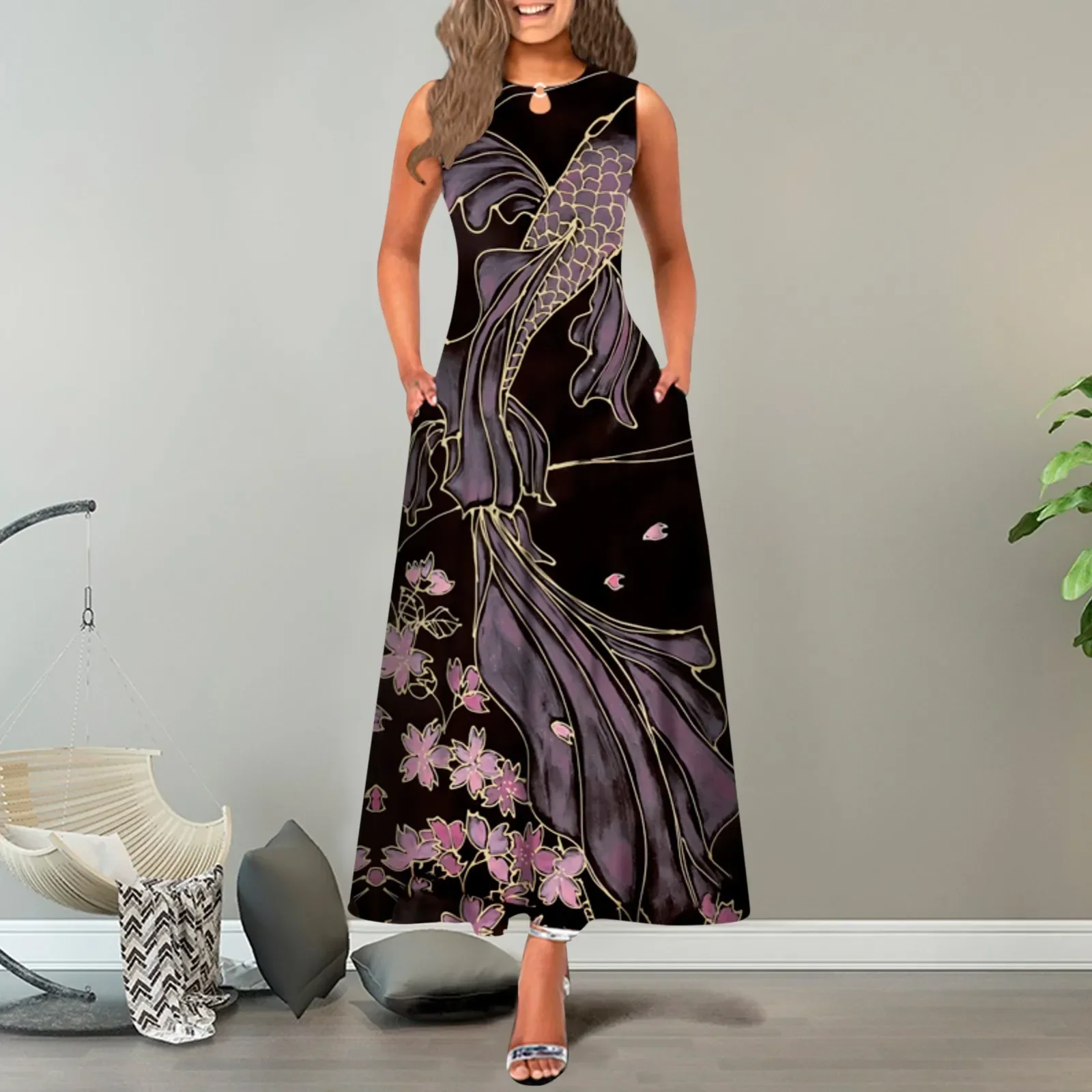 Elegant Floral Maxi Dress with PocketsClistos