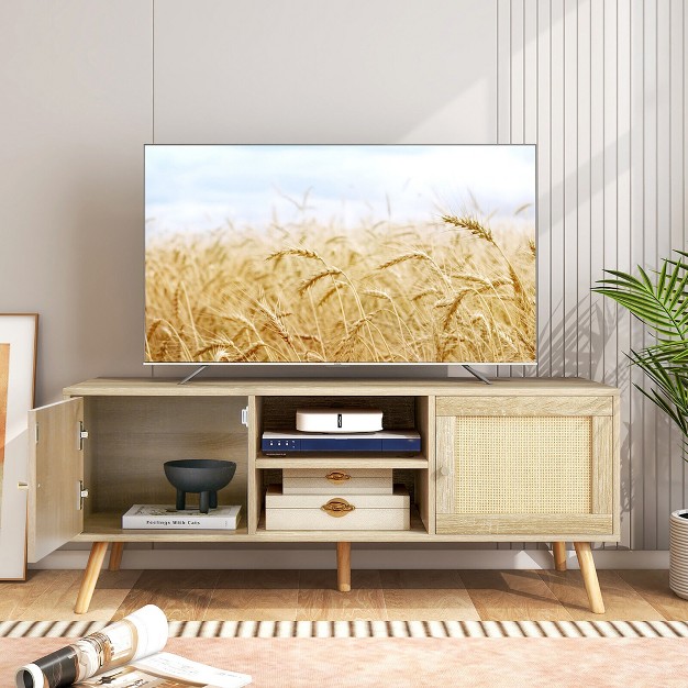 Tangkula Boho Tv Stand Pe Rattan Media Console Table W Cabinets amp Open Shelves