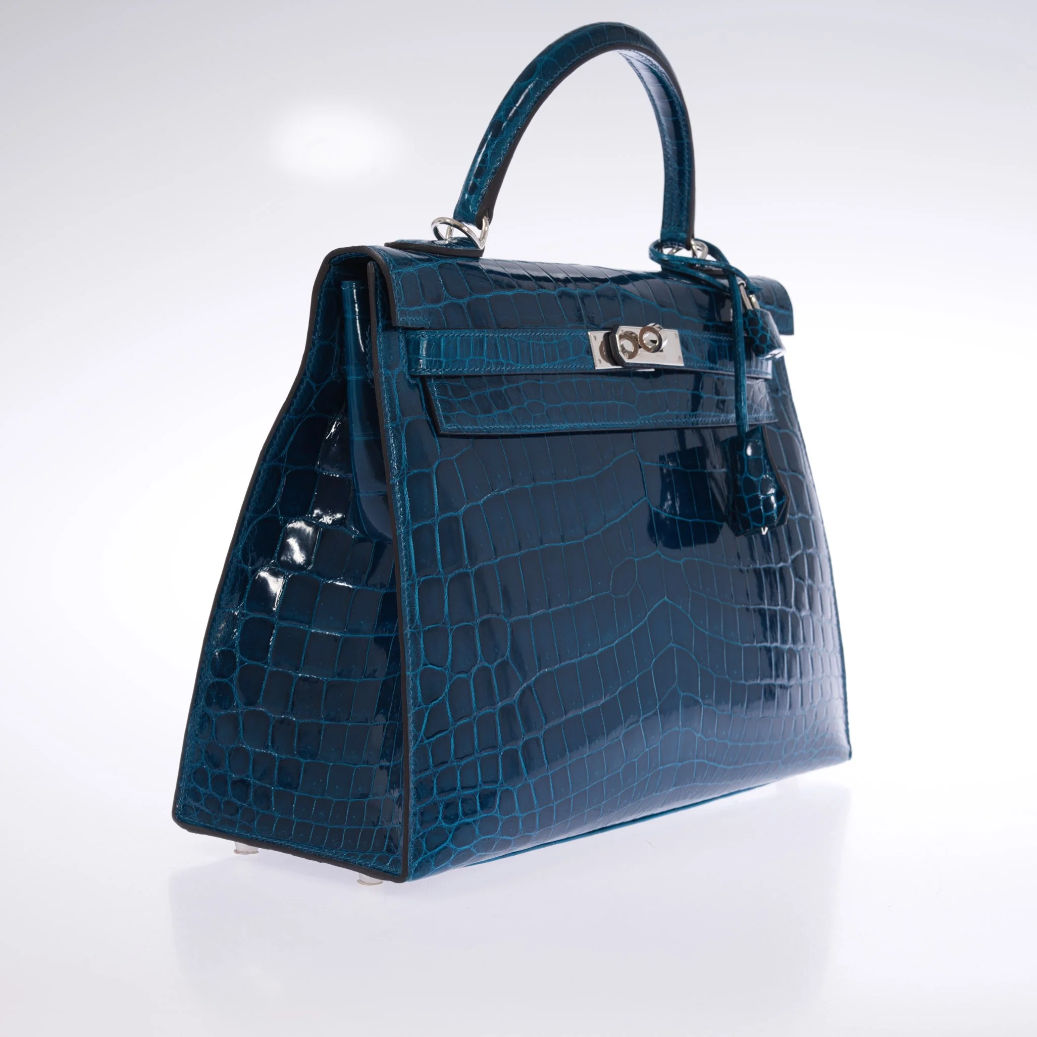 Hermès Kelly 32 Sellier Blue Colvert Shiny Niloticus Crocodile Palladium Hardware