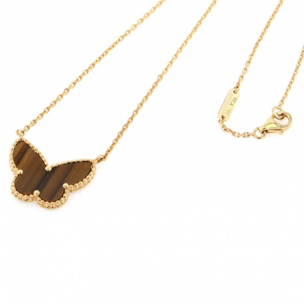 Van Cleef & Arpels Lucky Alhambra Papillon Necklace 18K Yellow Gold Tiger Eye