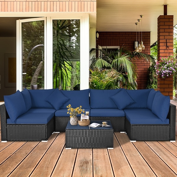 Gymax 7PCS Rattan Patio Conversation Set Sectional Furniture Set w/