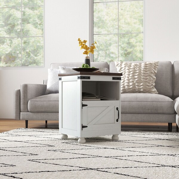 HOMCOM Small Side Table with Storage,Farmhouse End Table with Open Shelf and Cupboard,Modern Sofa Table with Wood Legs