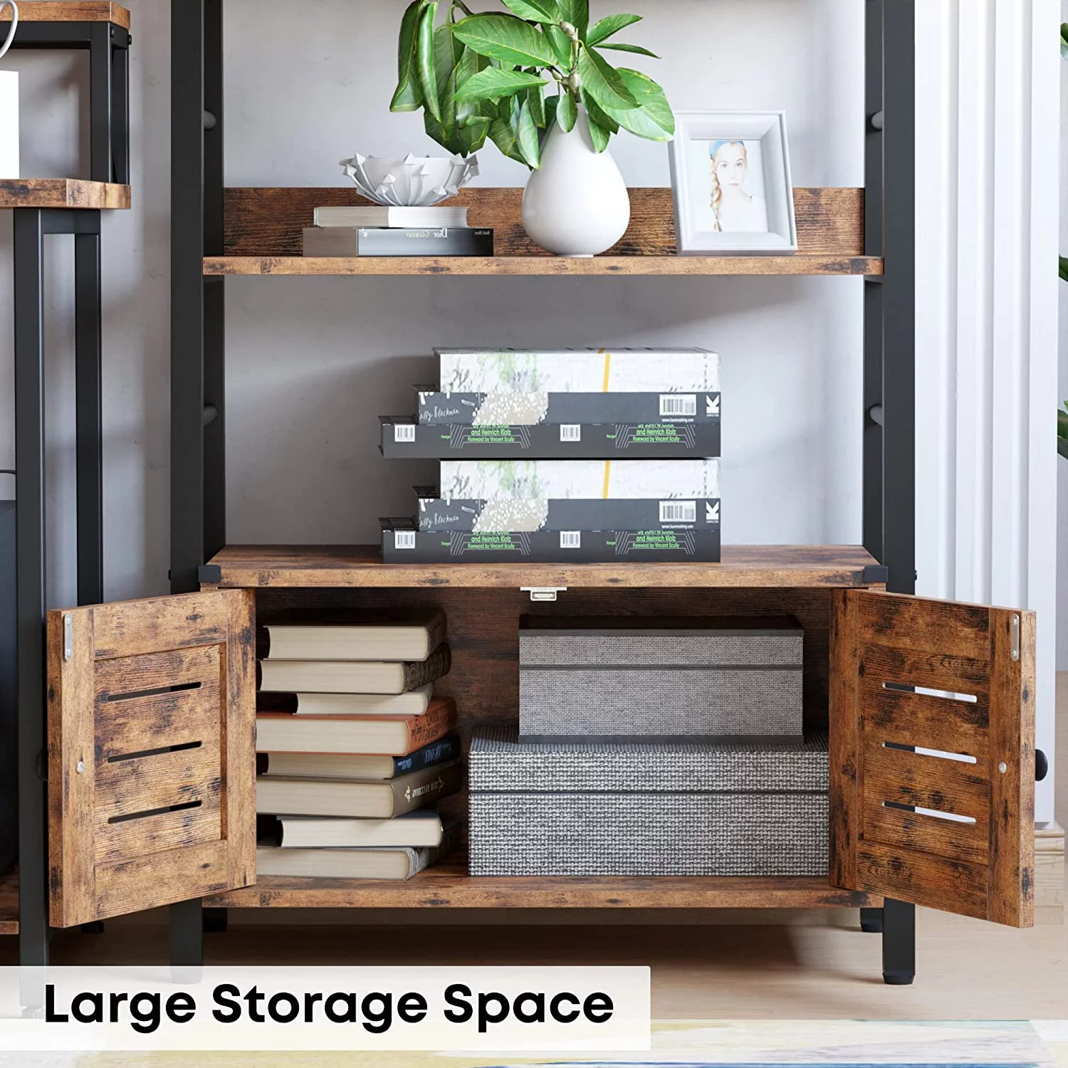 IRONCK Bookshelf with Louvered Doors, 4 Shelves Ladder Shelf with Cabinet Rustic Brown