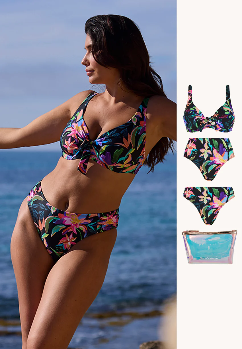 Ensemble maillot 2 pièces Barbade noir avec 2 bas et trousse de plage