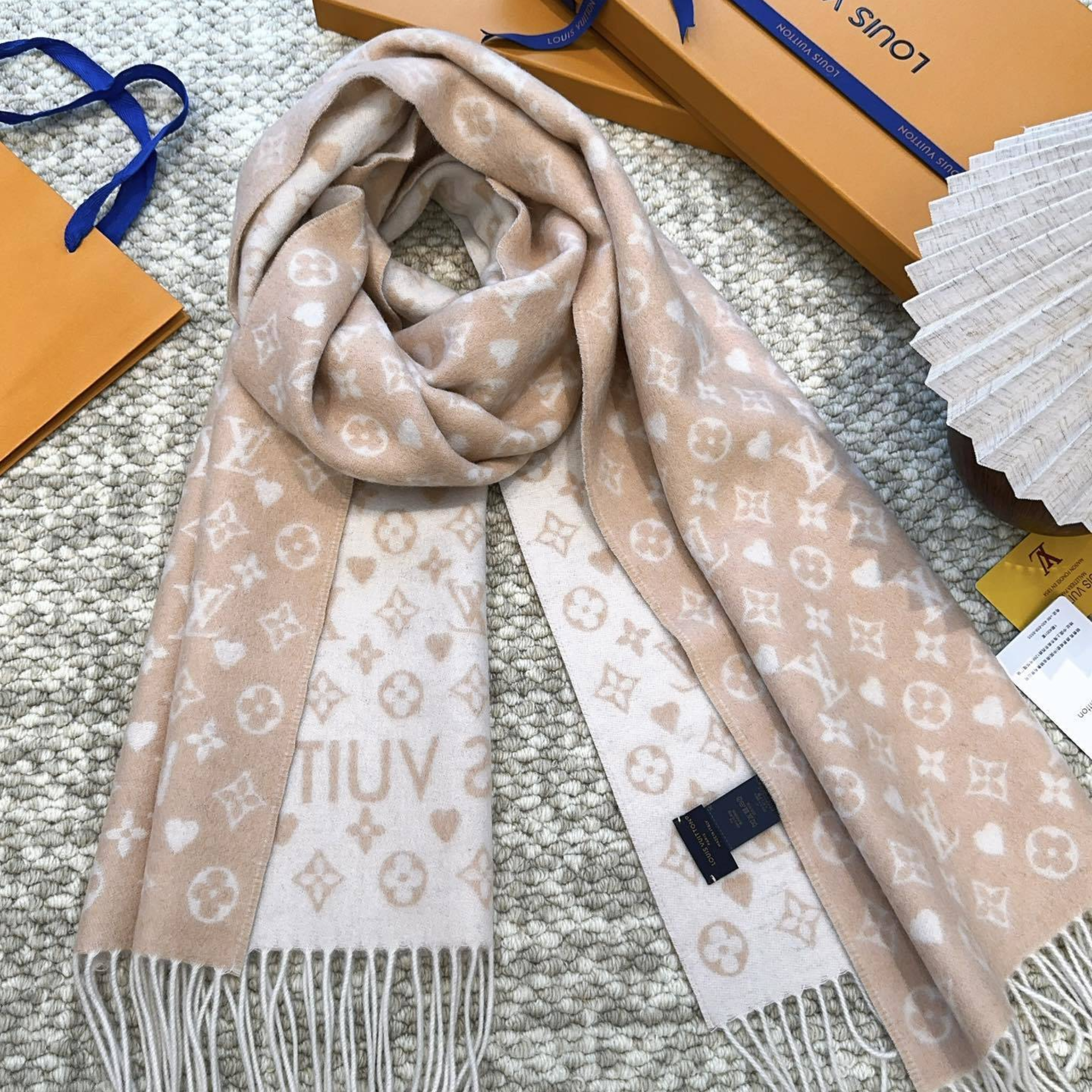 Louis Vuitton Monogram Logo Scarf Beige For Women 200cm
