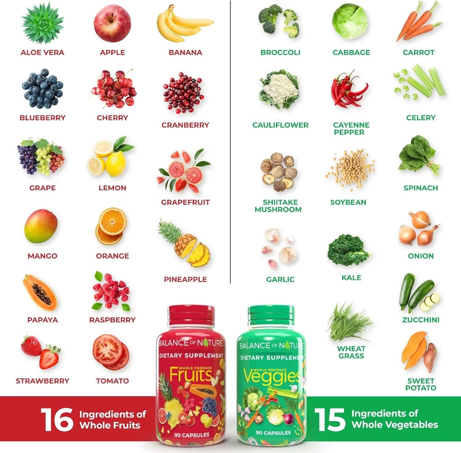 balance-of-nature-Fruit and Vegetable Supplements – 90 Fruits and 90 Veggies Capsules (3-Sets) – Green and Red Superfood, Better Than Multivitamins, No Fillers/Extracts, 100% Natural Whole Food